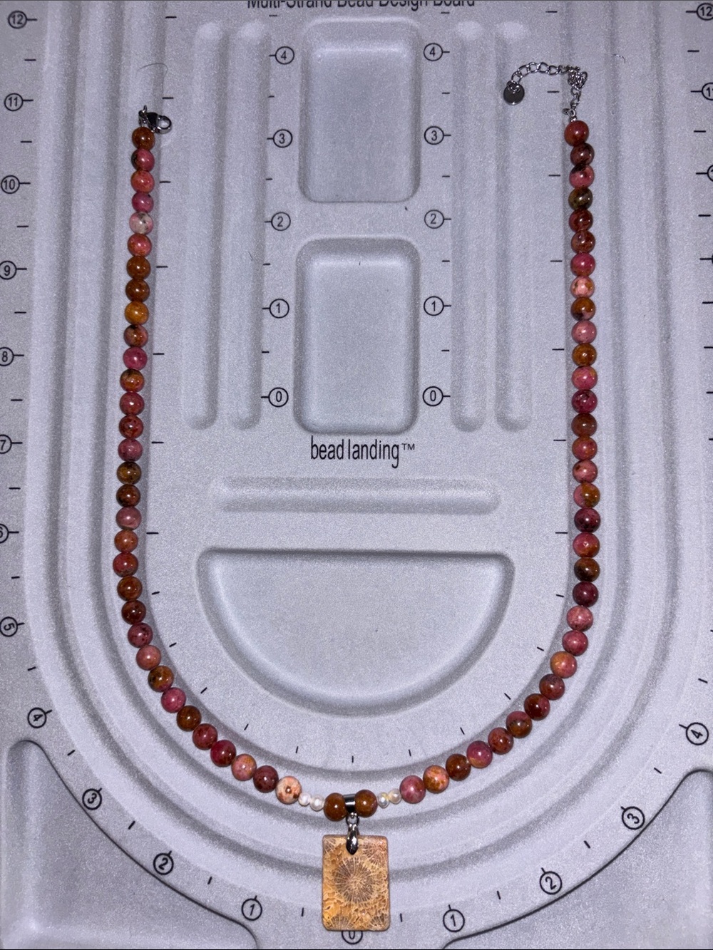 Rhodonite Beaded necklace with coral Pendant